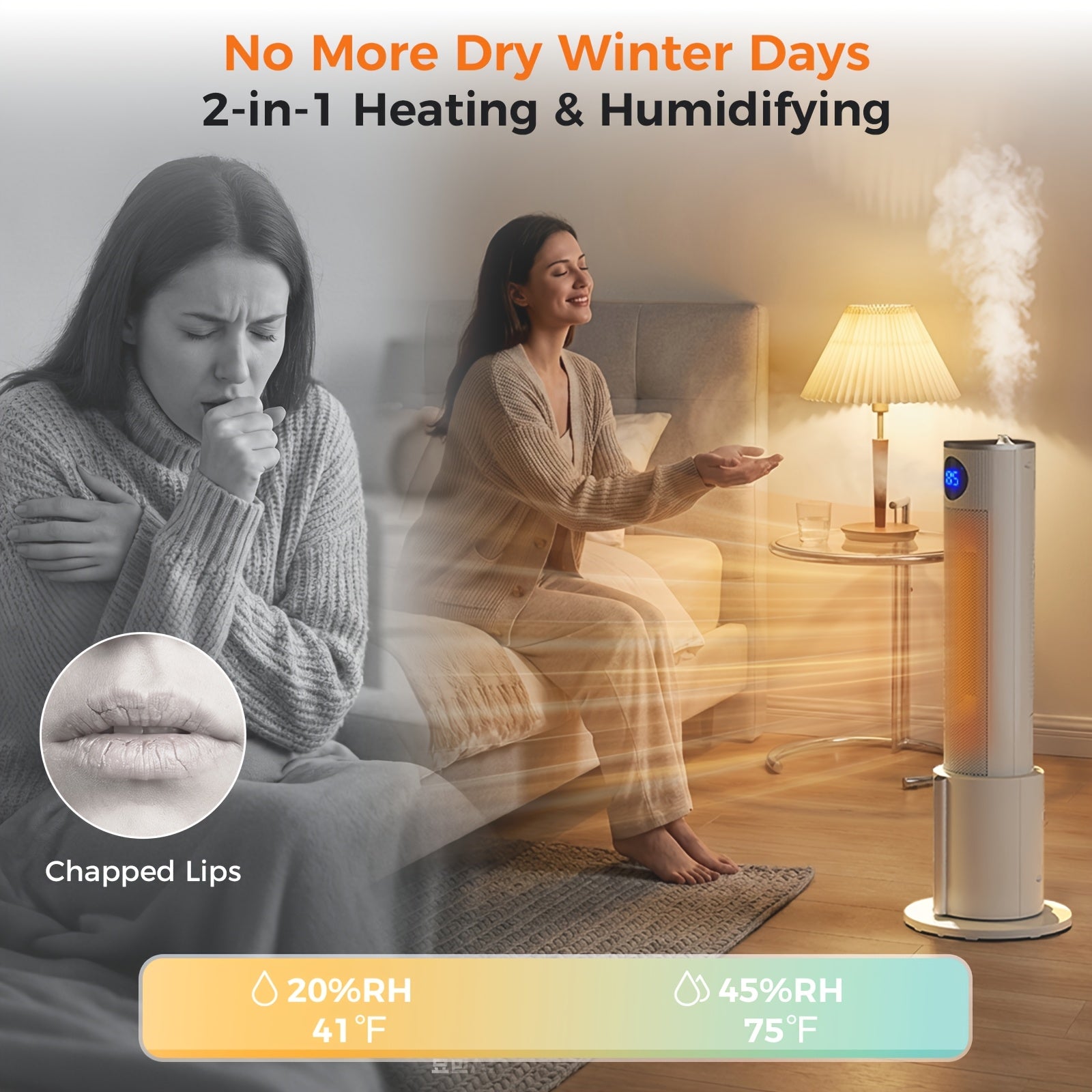 Portable 2-in-1 Humidifier Space Heater, 3 Heat Modes 12H Timer, Safe Quiet Tower Heater for Bedroom Indoor Use