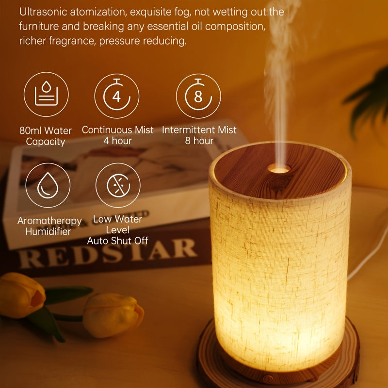 Aroma Diffuser Humidifier, Essential Oil Diffuser with Wood Grain Base and Handcrafted Fabric Top Cover, Auto Shut-Off Protection, Soundwave Technology Machine with Ambient Lighting, USB Portable Design, Home Decor, Dual Use for Bedroom and Desktop