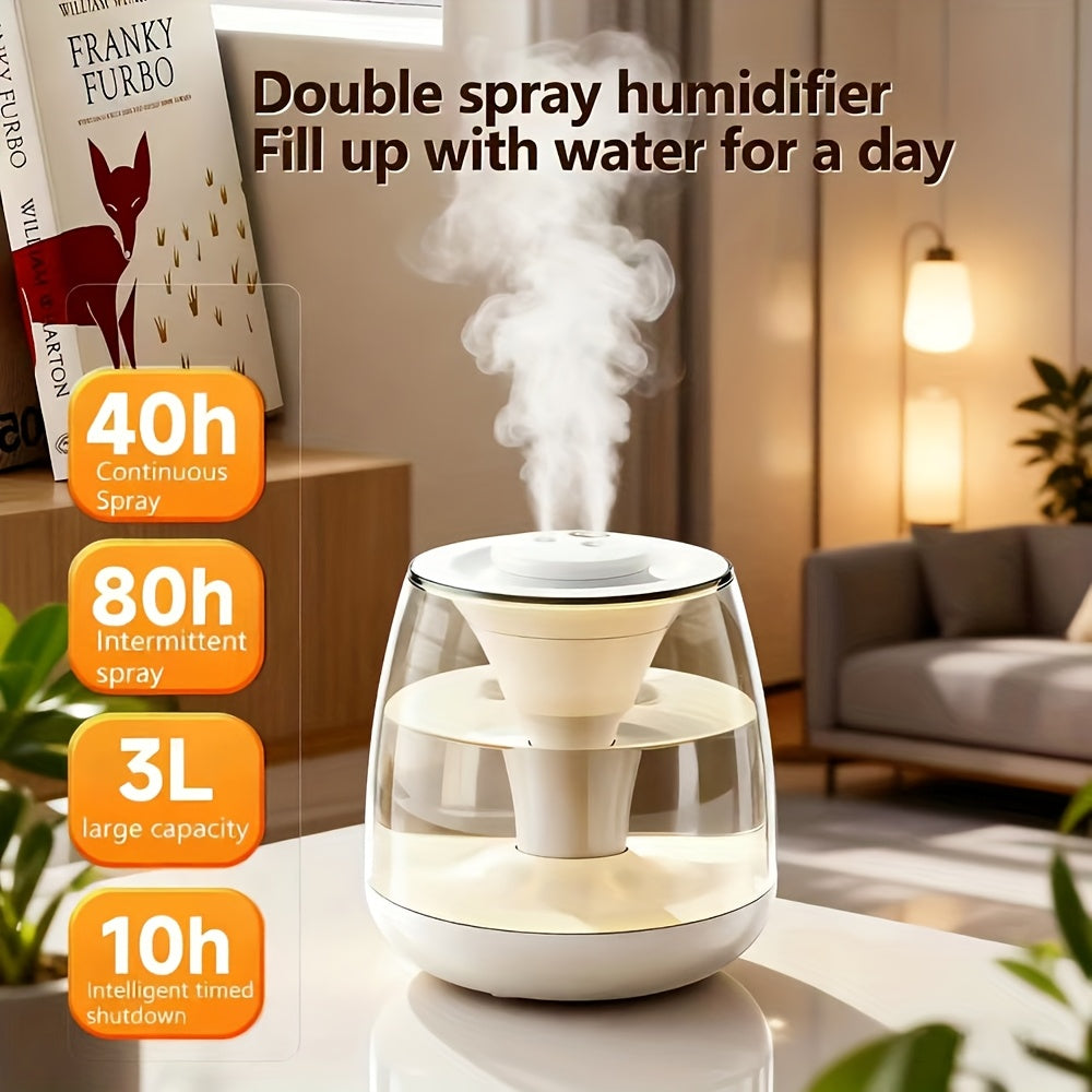 Dual Spray Humidifier 3000ml Dual Spray Humidifier with USB Power | Portable Digital Display, Essential Oil Diffuser, Colorful Night Light, Top Water Fill, Easy to Clean - for Bedroom, Large Room, Living Room, Office, Dorm, Great Gift for Winter