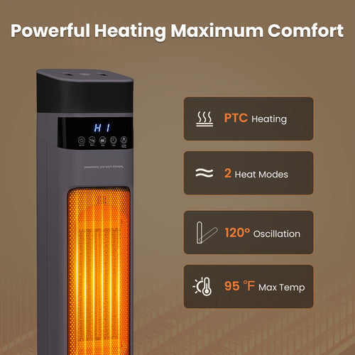 1500W PTC Heater with Humidifier | 3D Flame Oscillating Tower Space Heater for Large Room, 12H Timer, Portable Electric Heater for Bedroom & Indoor Use, 120V Power Supply