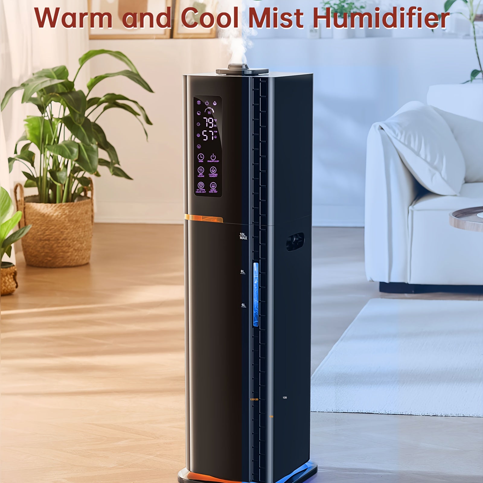 2.64 Gallon Humidifier for Bedroom & Large Rooms, Warm & Cool Mist for Up to 500 Sq Ft, Top Fill Diffuser with Ambient Light, 3 Mist Modes, 24-Hour Timer, 35dB Quiet Operation for Home, Office & Plants