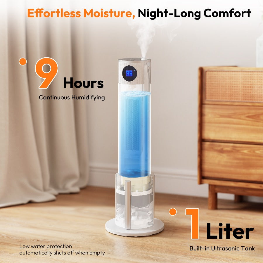 Portable 2-in-1 Humidifier Space Heater, 3 Heat Modes 12H Timer, Safe Quiet Tower Heater for Bedroom Indoor Use
